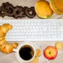 workspace covered in snacks